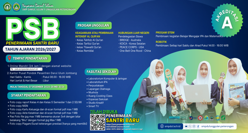 PSB SMP DARUL ULUM 1 UNGGULAN PETERONGAN 2026/2027 RESMI DIBUKA